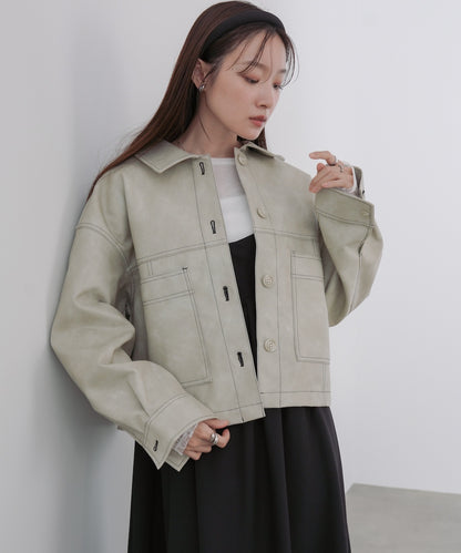 ムラ合皮配色ステッチジャケット