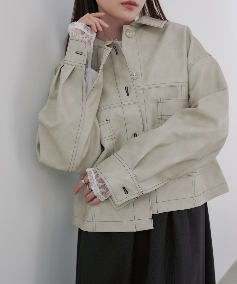 ムラ合皮配色ステッチジャケット