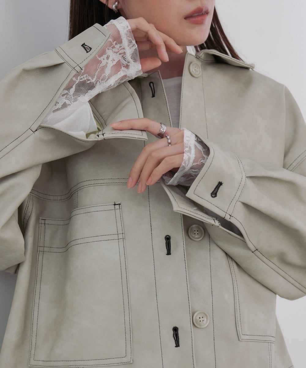 ムラ合皮配色ステッチジャケット