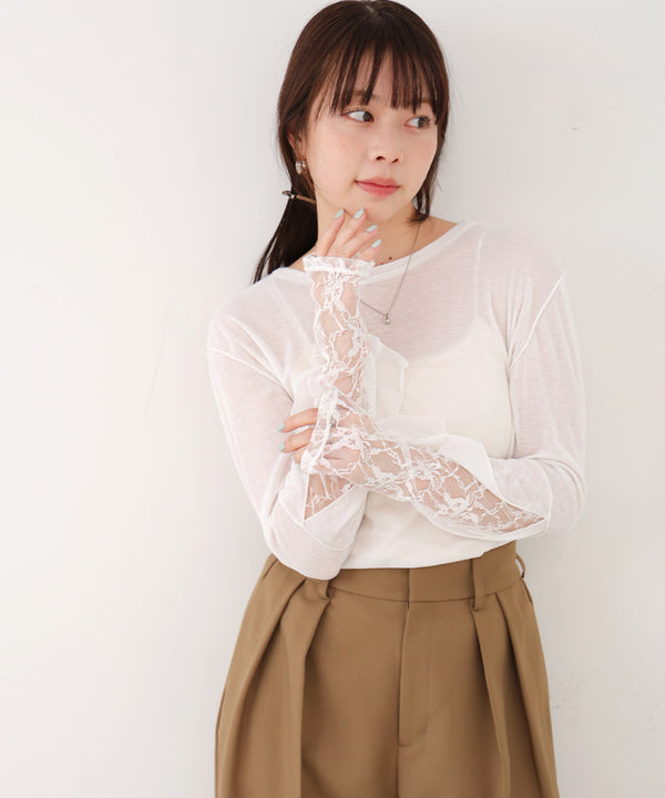 袖レースシアーリブレイヤードプルオーバー
