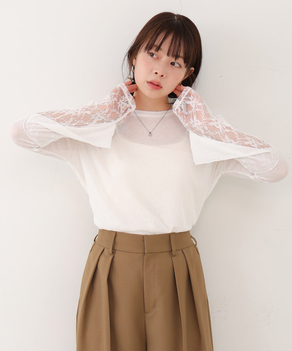 袖レースシアーリブレイヤードプルオーバー