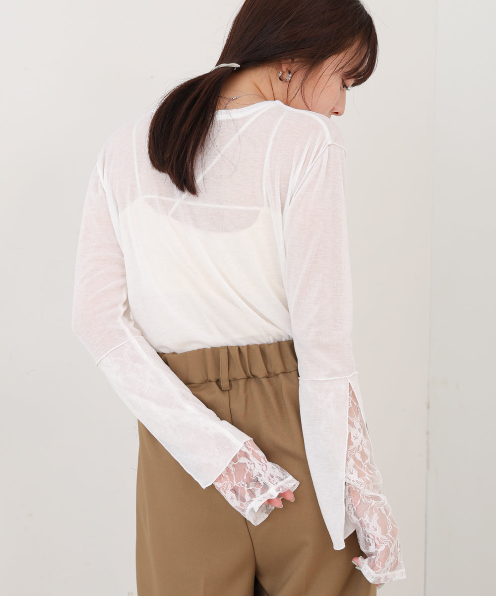 袖レースシアーリブレイヤードプルオーバー