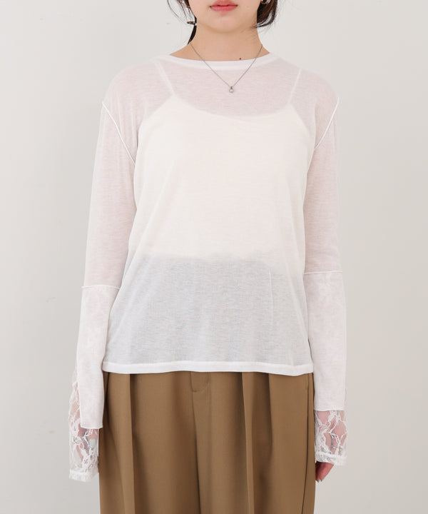 袖レースシアーリブレイヤードプルオーバー