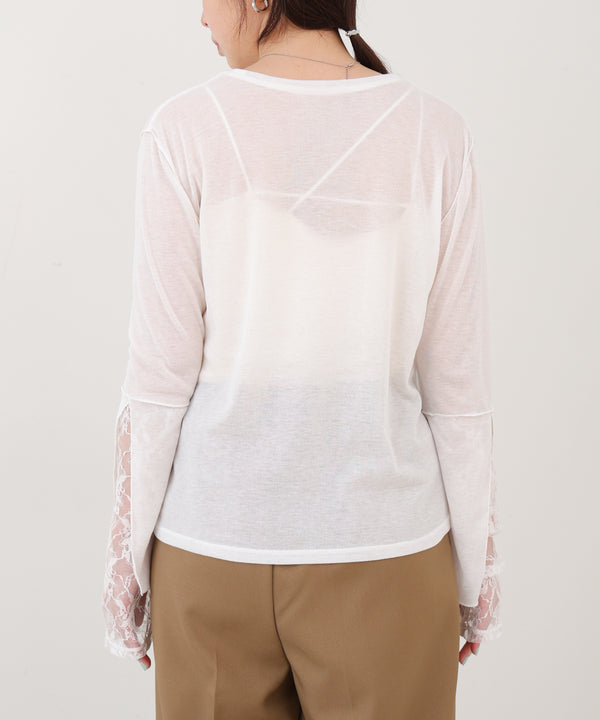 袖レースシアーリブレイヤードプルオーバー