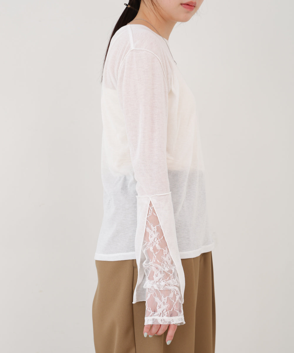 袖レースシアーリブレイヤードプルオーバー