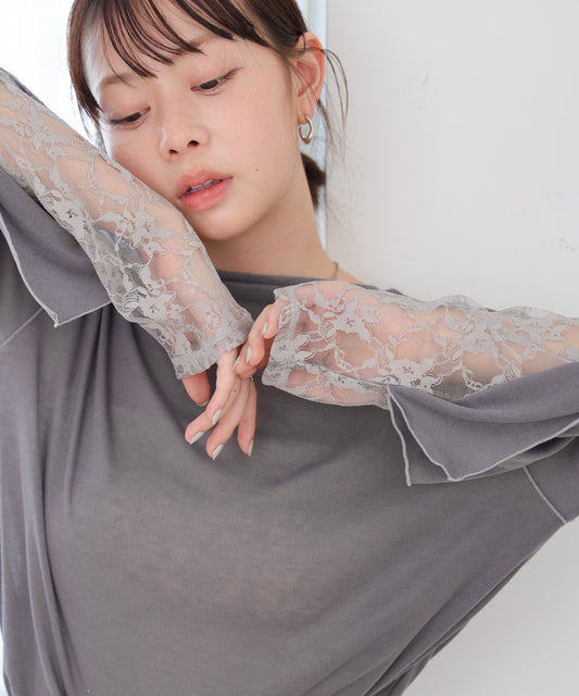 袖レースシアーリブレイヤードプルオーバー