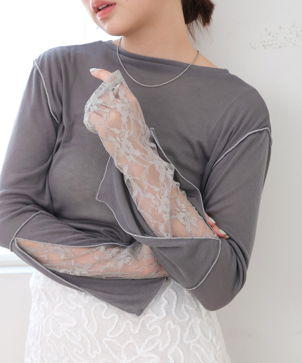 袖レースシアーリブレイヤードプルオーバー