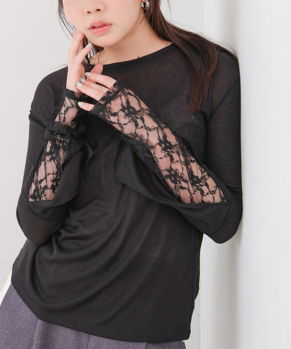 袖レースシアーリブレイヤードプルオーバー