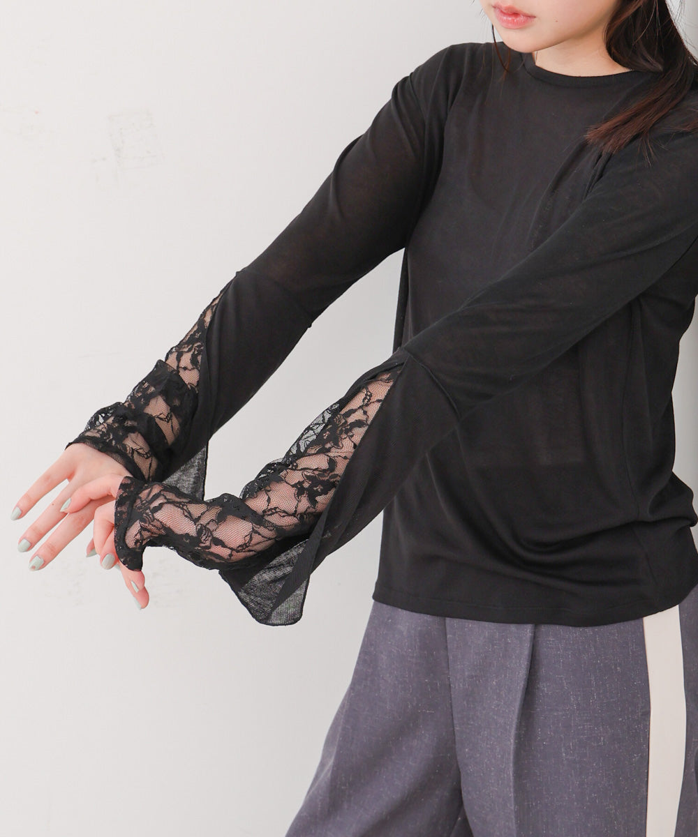 袖レースシアーリブレイヤードプルオーバー