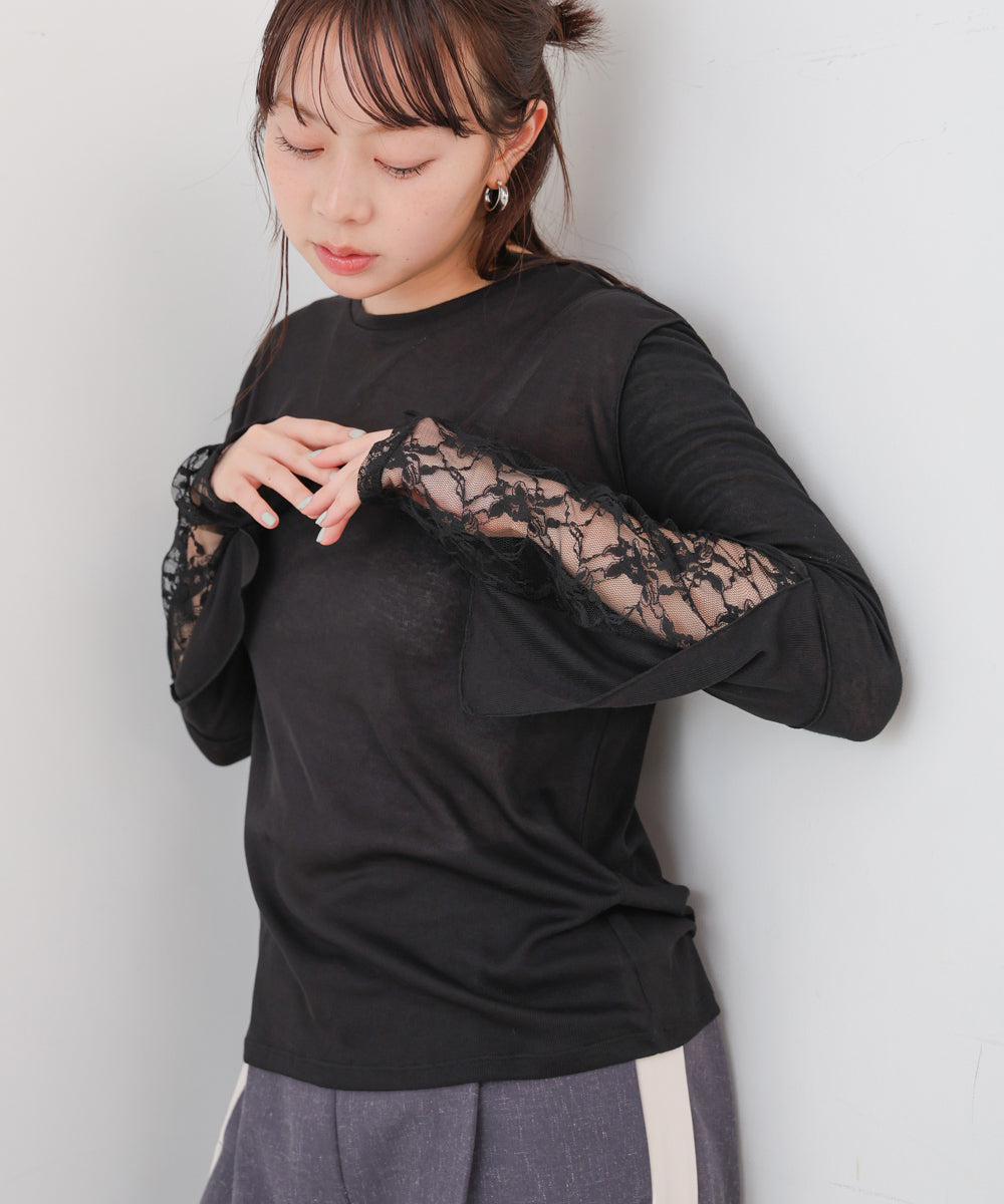 袖レースシアーリブレイヤードプルオーバー