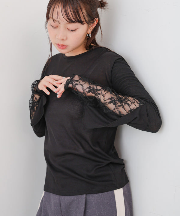 袖レースシアーリブレイヤードプルオーバー