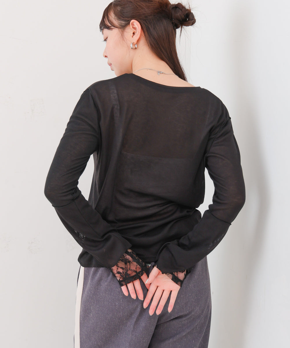 袖レースシアーリブレイヤードプルオーバー