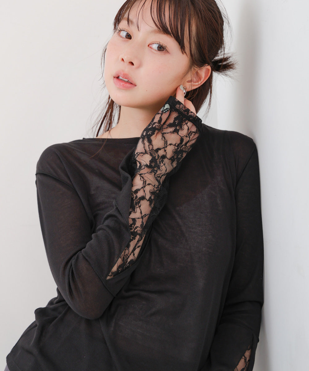 袖レースシアーリブレイヤードプルオーバー