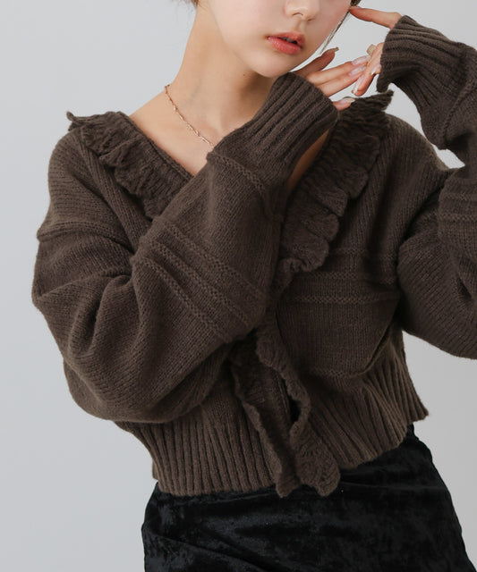 起毛フリルカラーホックカーディガン