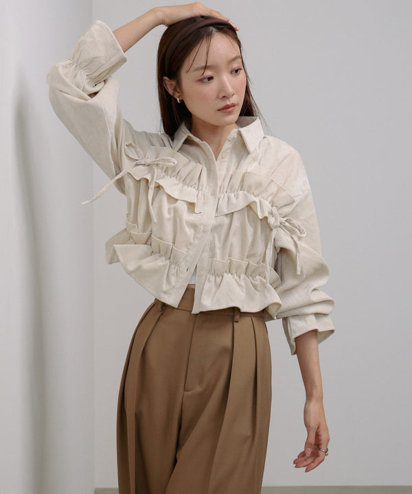 コーデュロイシャーリングリボンショートブラウス