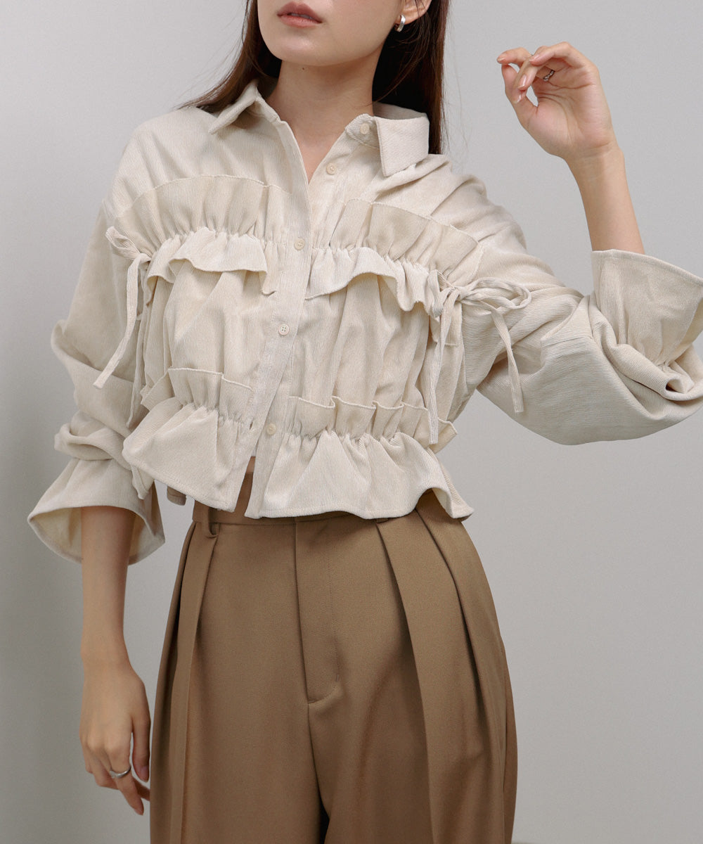 コーデュロイシャーリングリボンショートブラウス