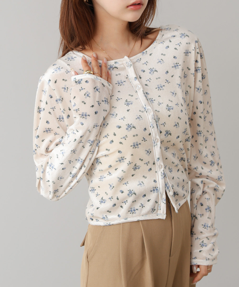 ベロアフラワープリントカーディガントップス