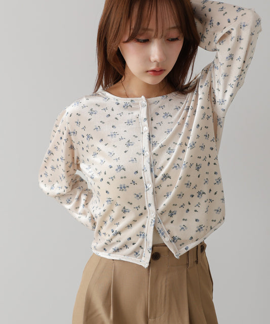 ベロアフラワープリントカーディガントップス