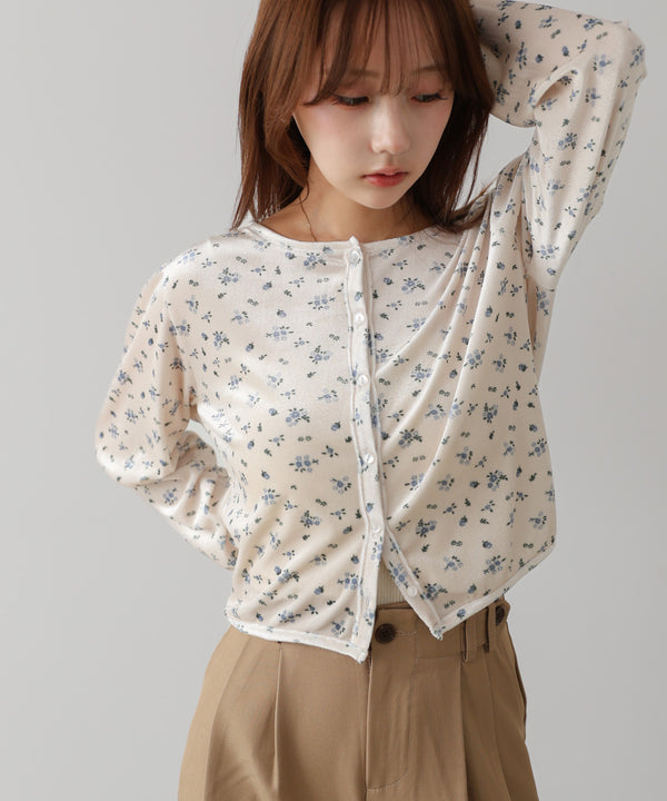 ベロアフラワープリントカーディガントップス