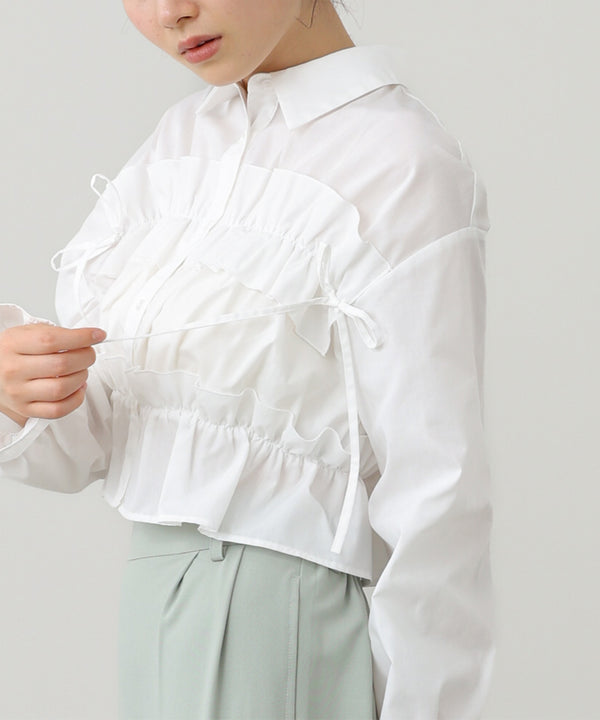 シャーリングリボンショートブラウス