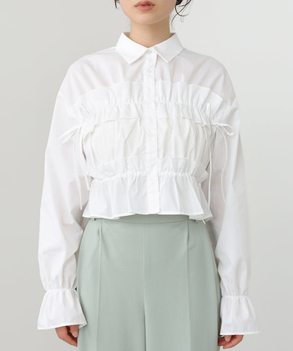 シャーリングリボンショートブラウス