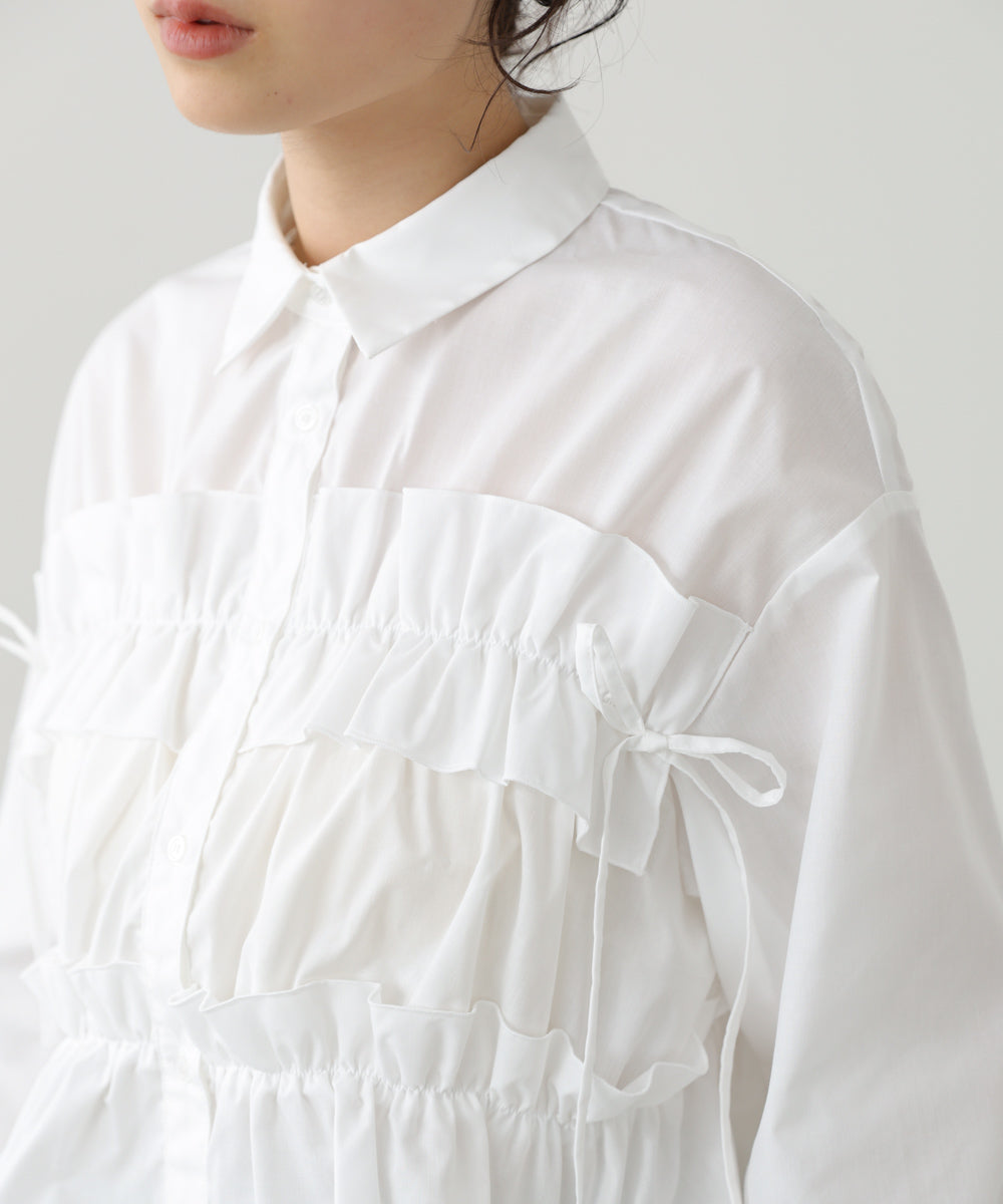 シャーリングリボンショートブラウス