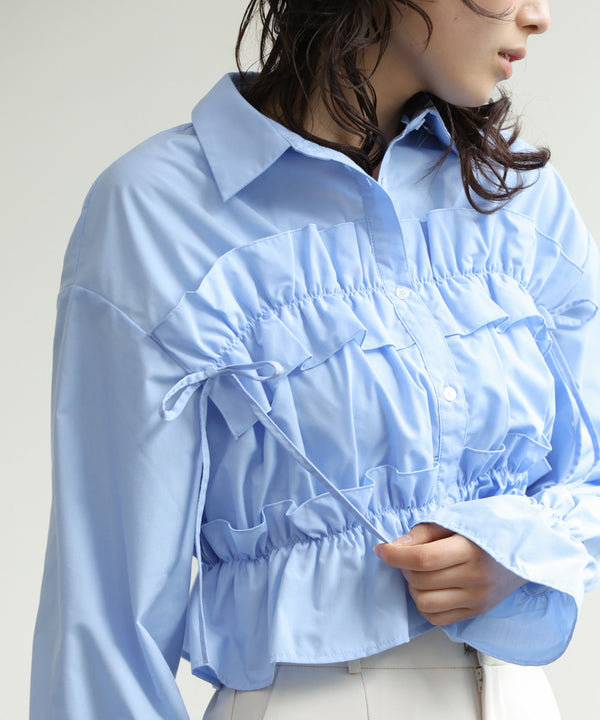 シャーリングリボンショートブラウス