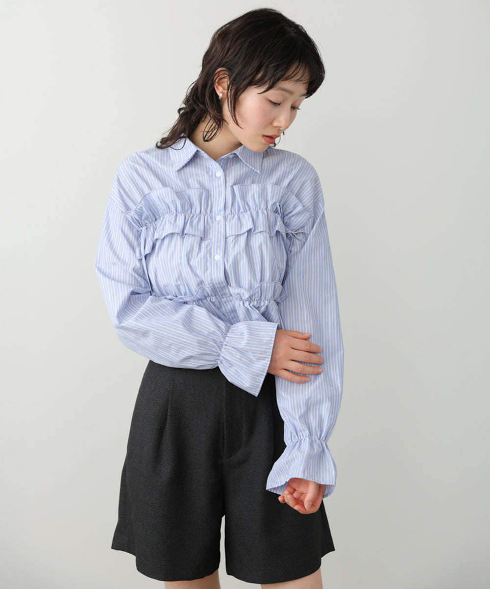 シャーリングリボンショートブラウス