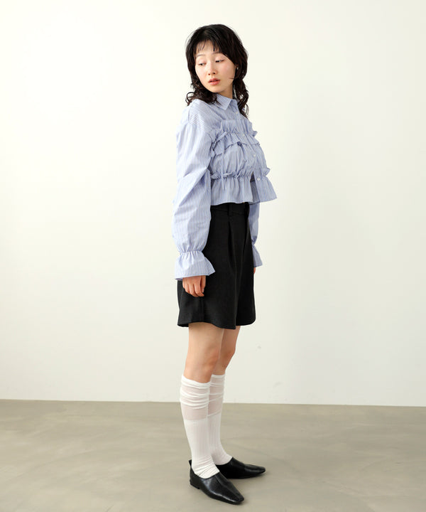 シャーリングリボンショートブラウス