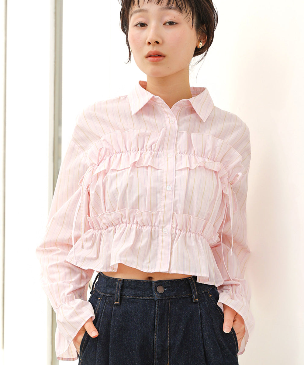シャーリングリボンショートブラウス