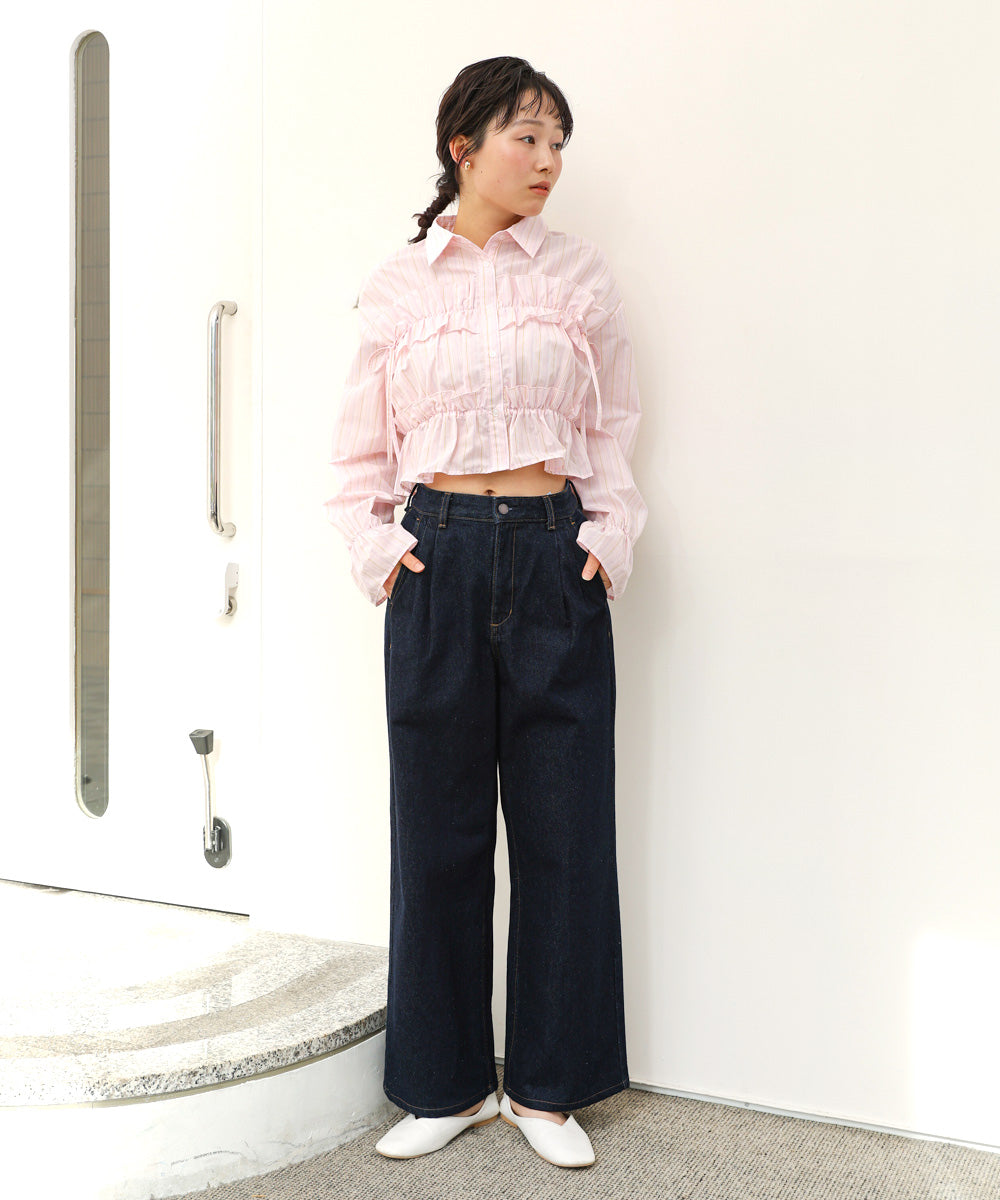 シャーリングリボンショートブラウス