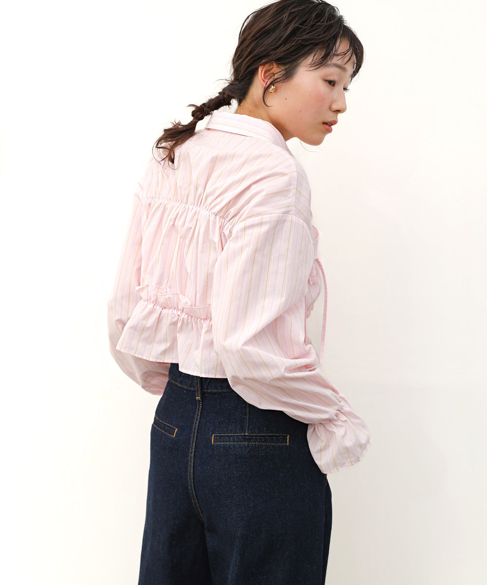 シャーリングリボンショートブラウス