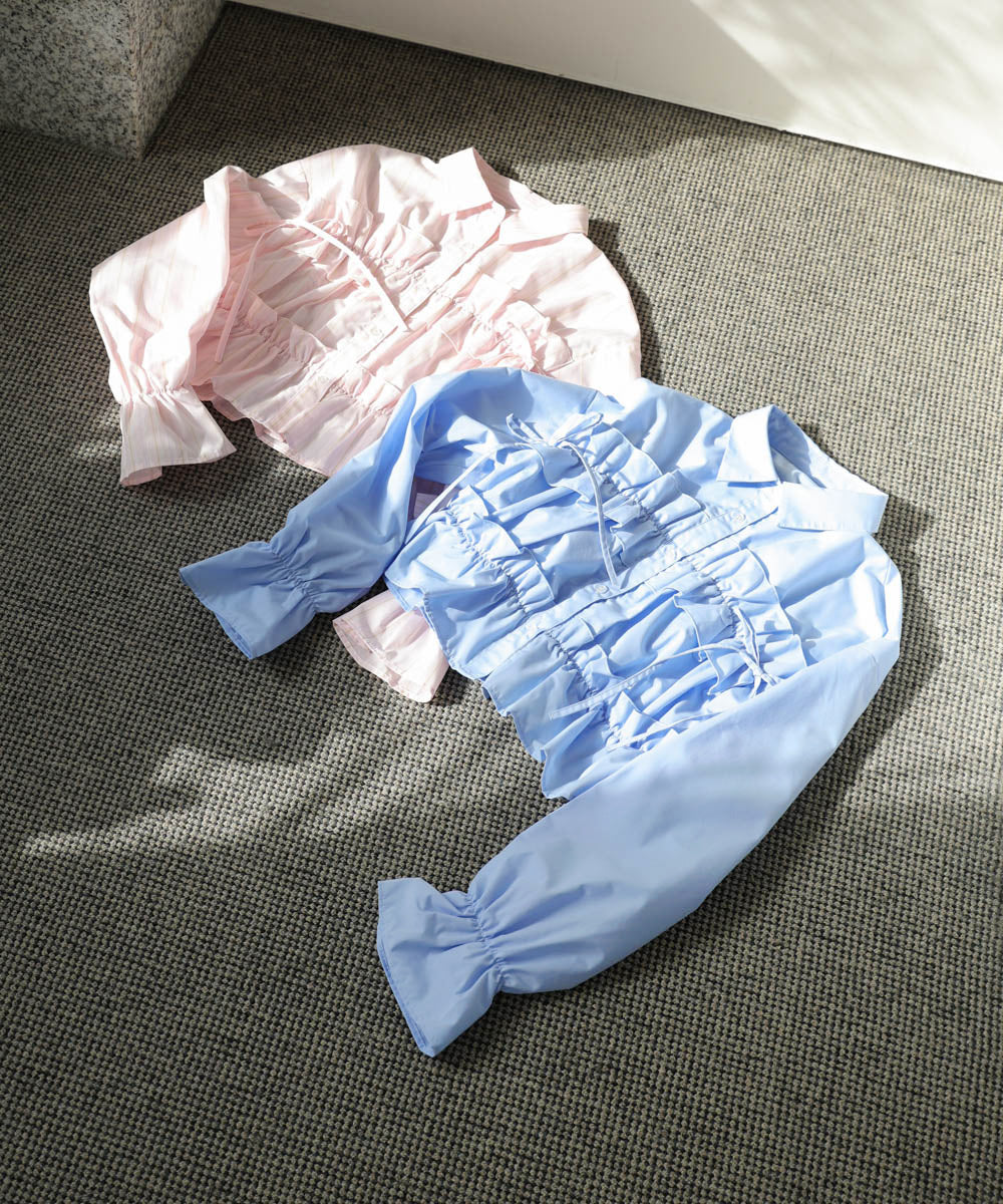 シャーリングリボンショートブラウス