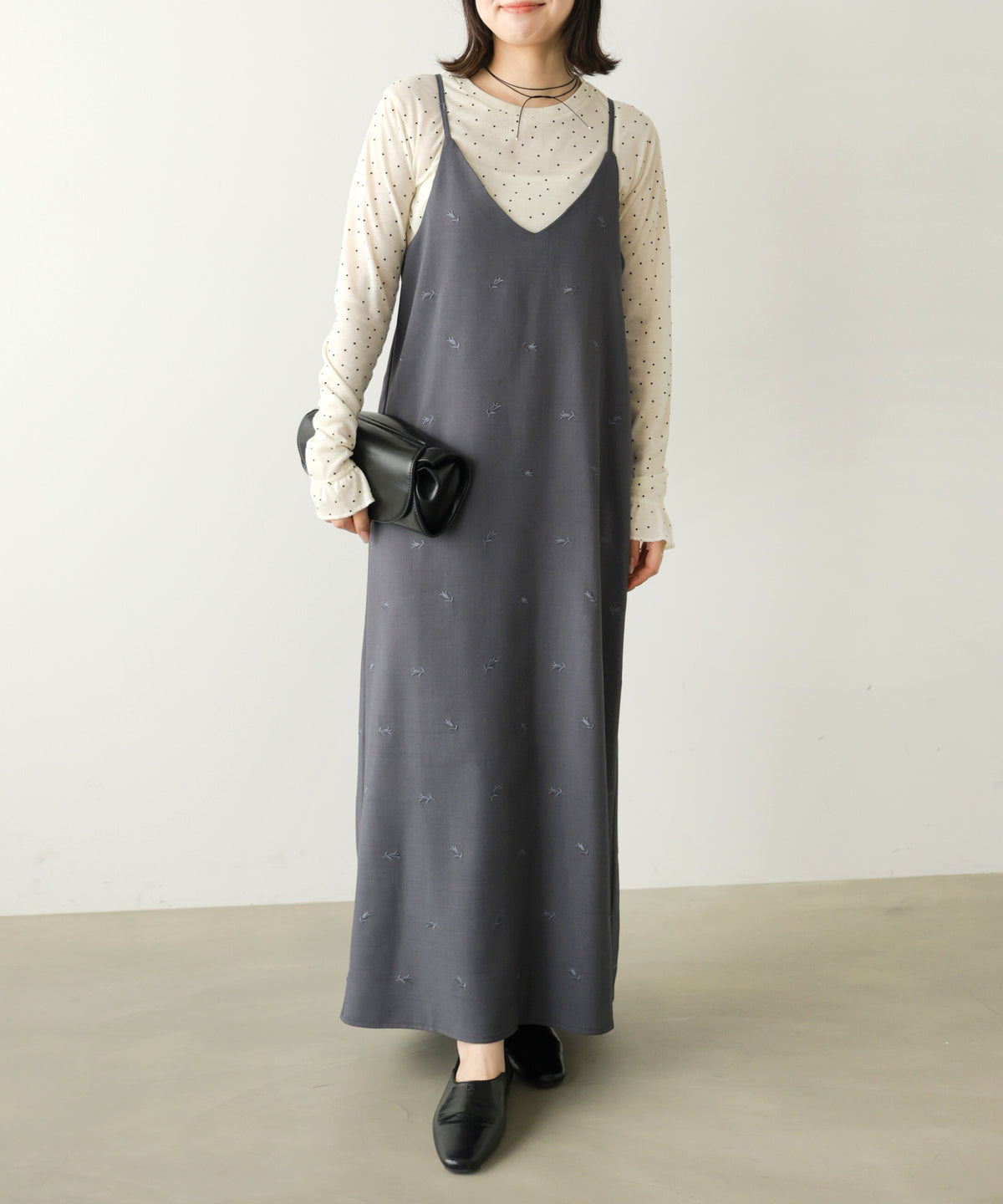 【Dセット】秋のコーデセット【刺繍バックリボンキャミワンピ＆シアードットカットソー】