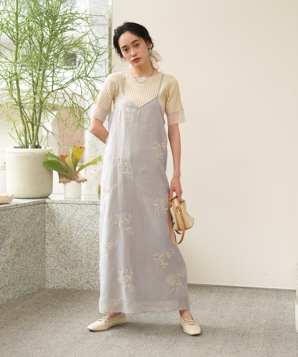 シアー使い５分袖リブニットトップス