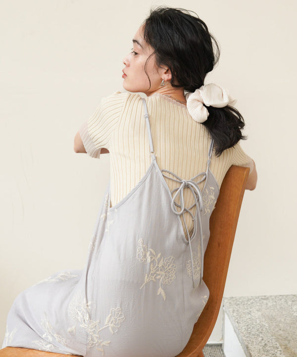 シアー使い５分袖リブニットトップス