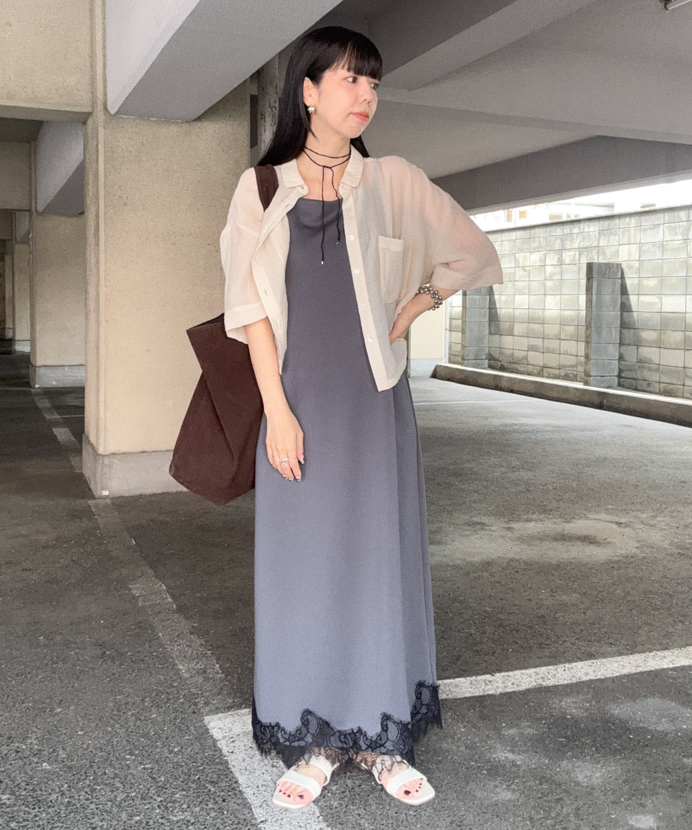 【夏のコーデセットC】裾レース付きキャミワンピース＆シアーショートシャツブラウス SET