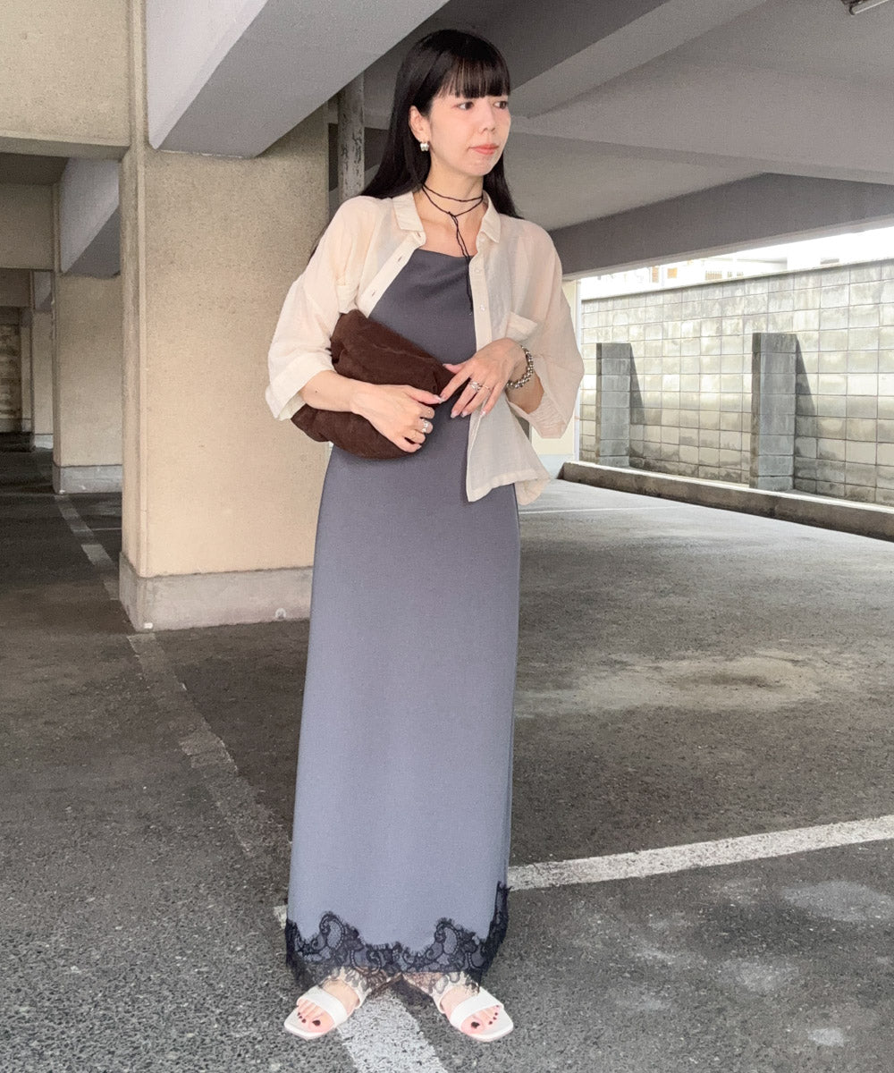 【夏のコーデセットC】裾レース付きキャミワンピース＆シアーショートシャツブラウス SET