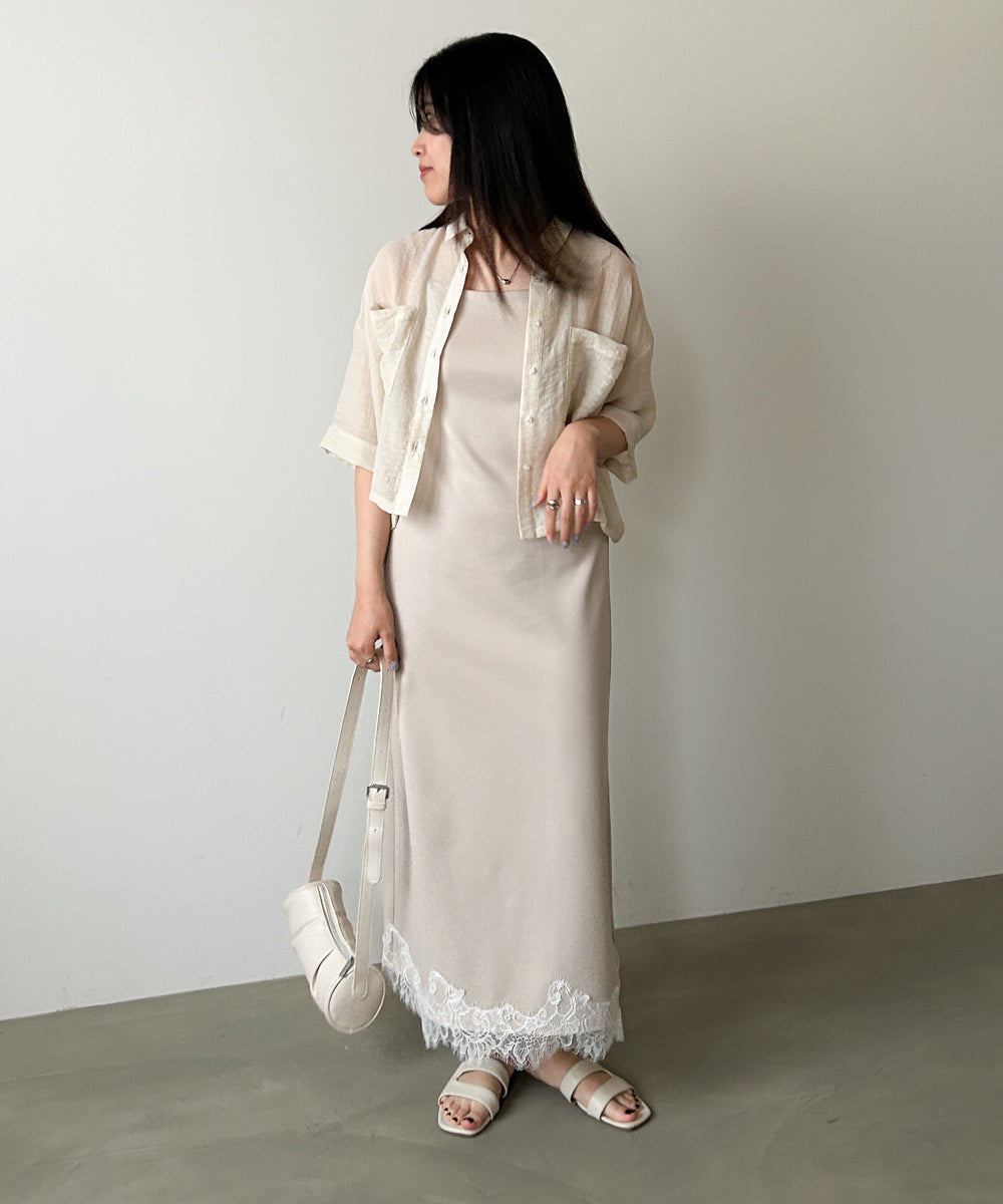 【夏のコーデセットC】裾レース付きキャミワンピース＆シアーショートシャツブラウス SET