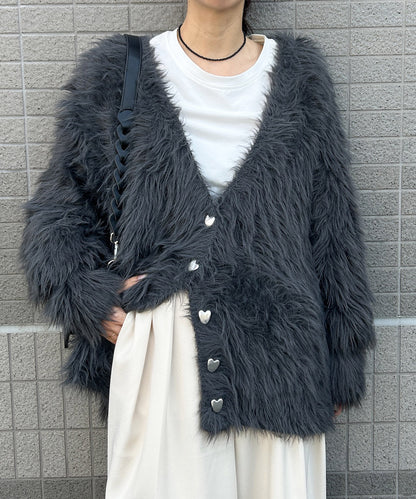 【選べる着丈】前後2WAYハートボタンシャギーニットカーディガン