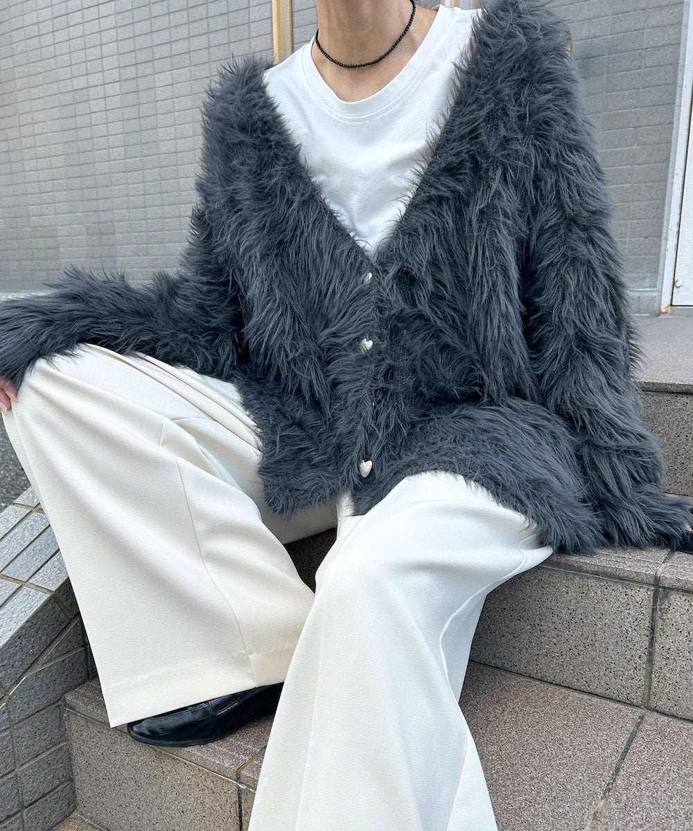 【選べる着丈】前後2WAYハートボタンシャギーニットカーディガン