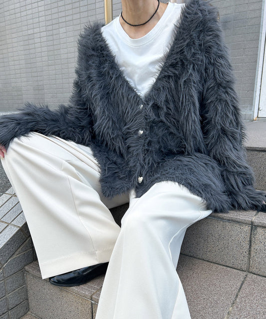 【選べる着丈】前後2WAYハートボタンシャギーニットカーディガン