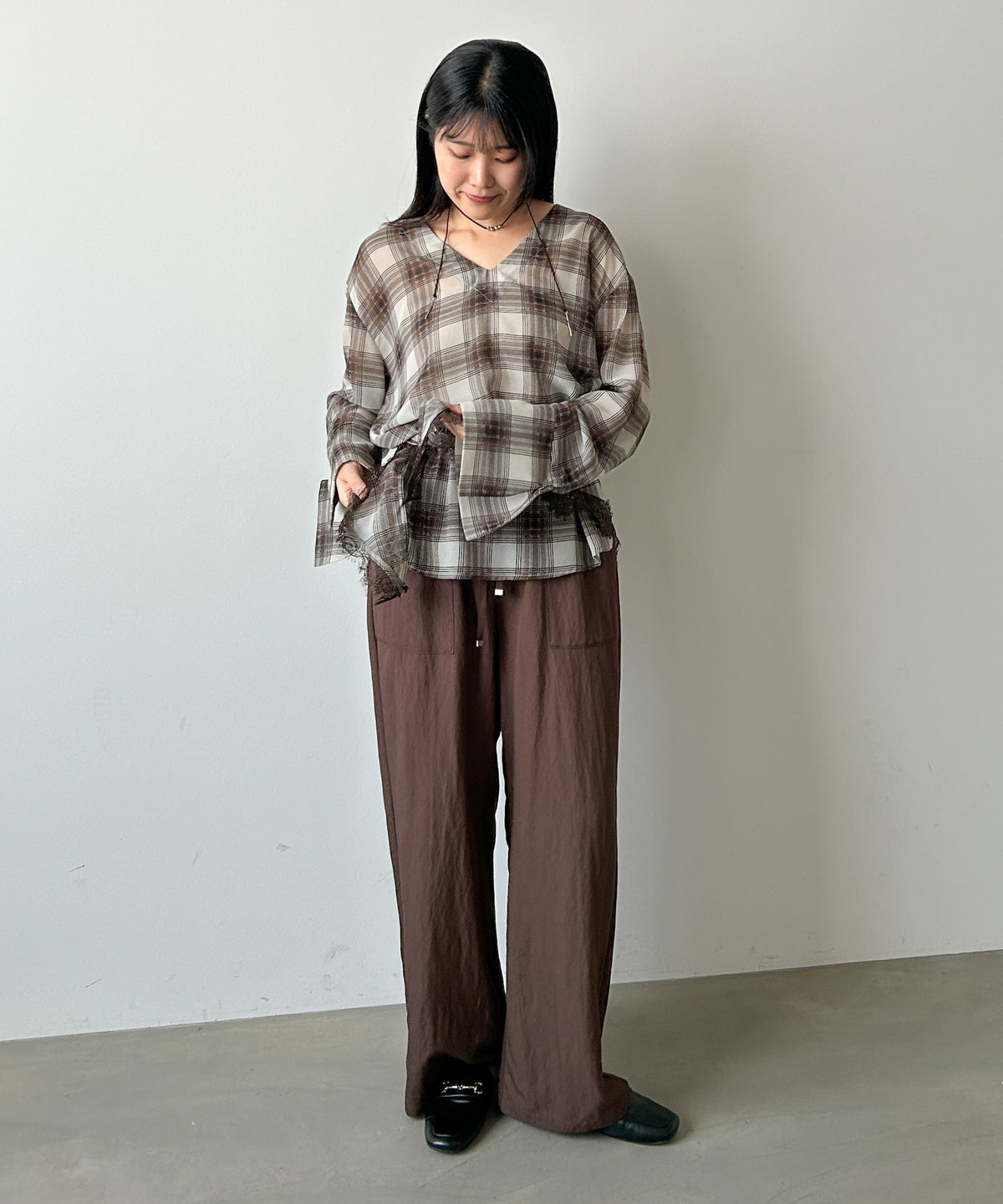 【Bセット】【パンツサイズS】 秋のコーデセット【オンブレチェックシャツ＆レースショール＆ベイカーパンツ】