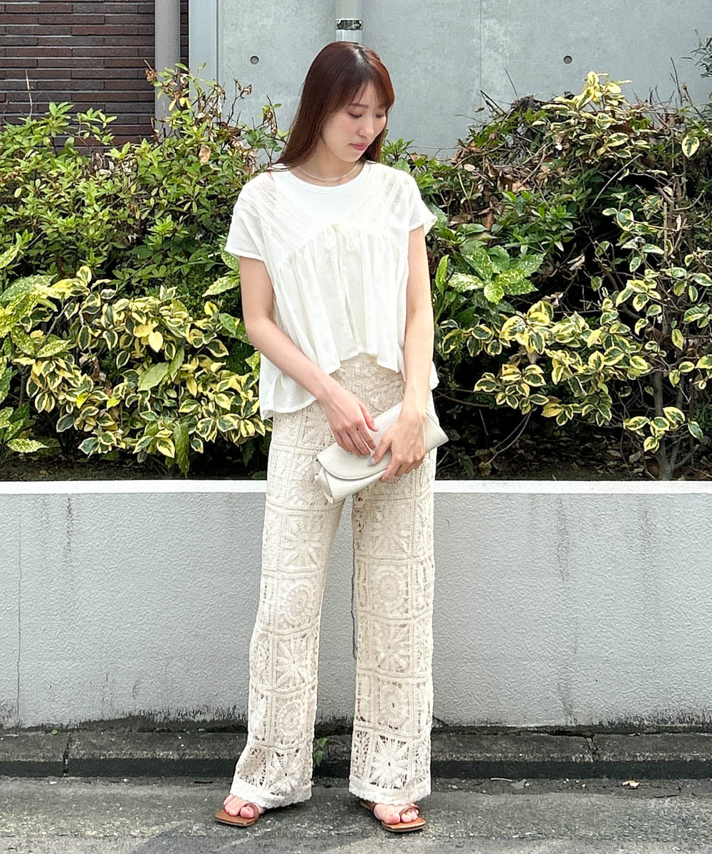 【夏のコーデセットD】レースコンビフロントリボンブラウス＆クロシェパンツ SET