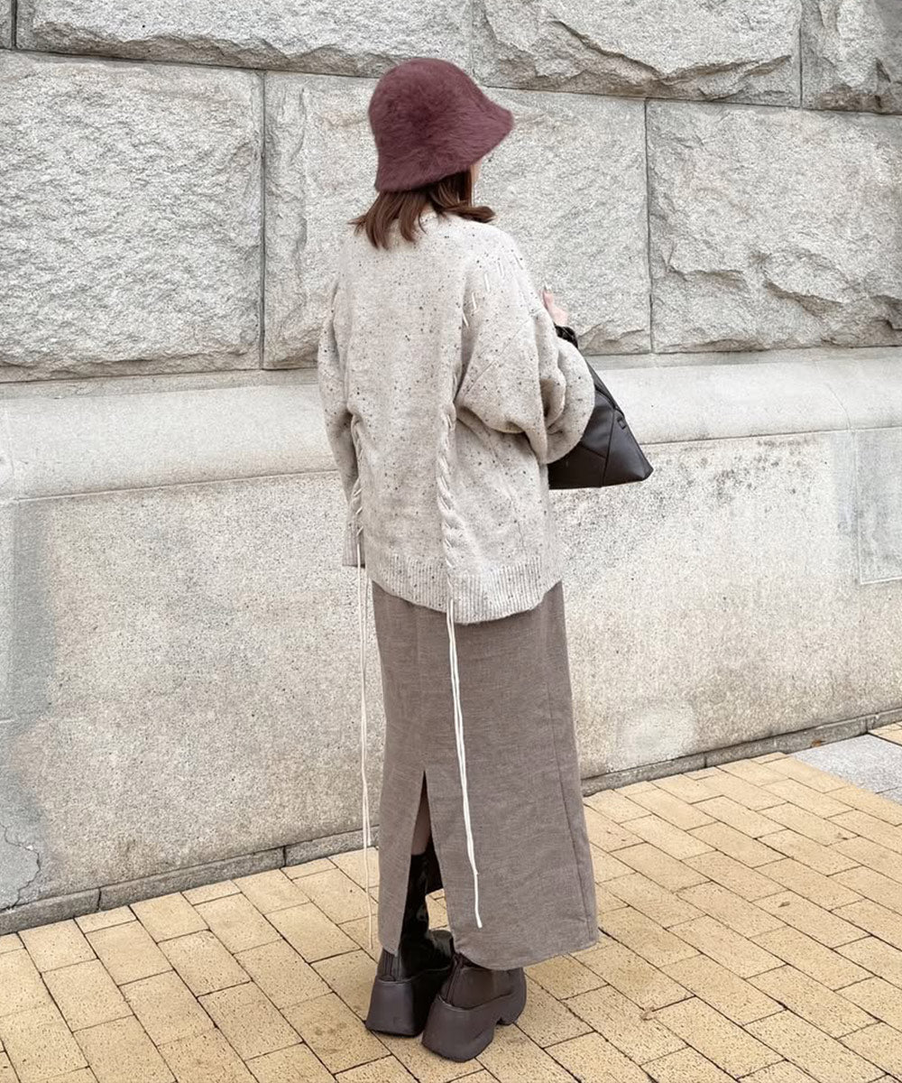 チョコチップ風ネップ 編み上げニットトップス