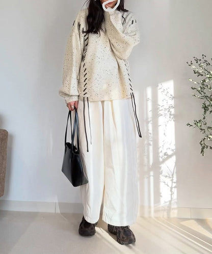 チョコチップ風ネップ 編み上げニットトップス