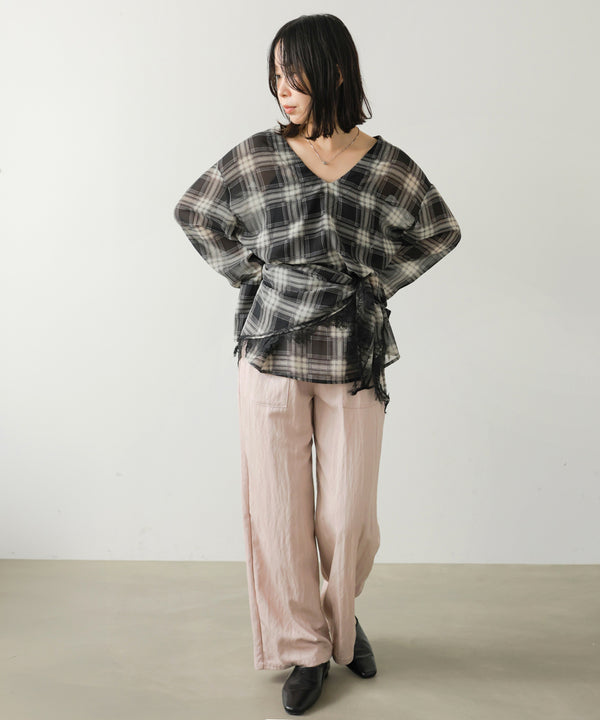 【Bセット】【パンツサイズS】 秋のコーデセット【オンブレチェックシャツ＆レースショール＆ベイカーパンツ】