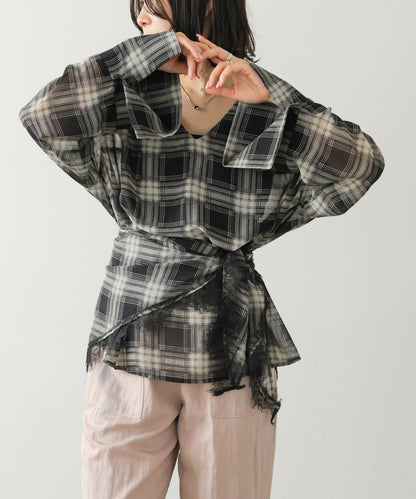【Bセット】【パンツサイズS】 秋のコーデセット【オンブレチェックシャツ＆レースショール＆ベイカーパンツ】