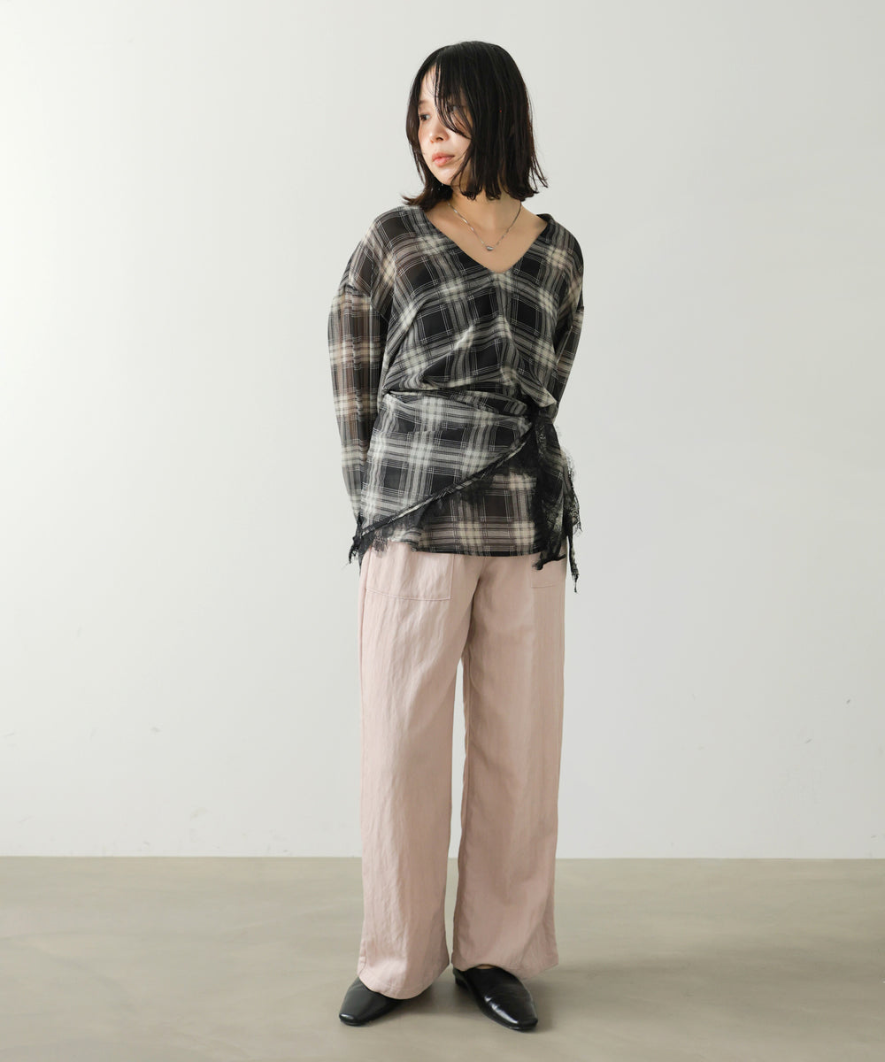 【Bセット】【パンツサイズS】 秋のコーデセット【オンブレチェックシャツ＆レースショール＆ベイカーパンツ】