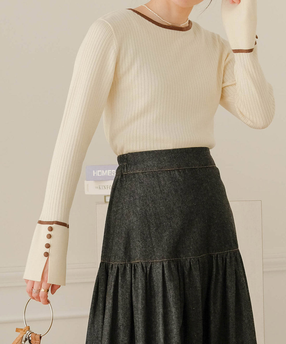 PIPING SLEEVE SLIT CREW NECK KNIT